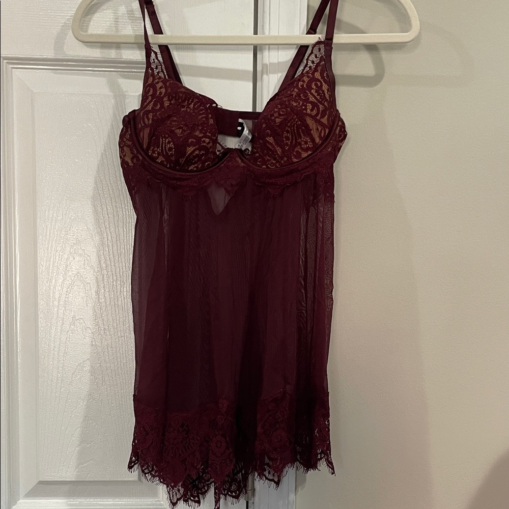 Fashion Nova Sheer Lace Babydoll Chemise - Burgundy Size Small NWOT